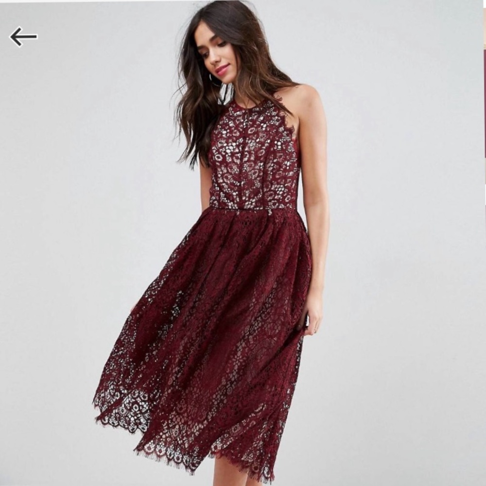 Burgundy ASOS Lace Pinny Scallop Edge Midi Dress